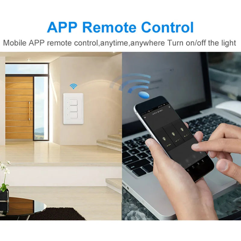 Tuya WiFi Light Switch Smart Wall Push Button Switches No Neutral Required 110-240V 1/2/3 Gang Physical Lamp Switch APP Voice