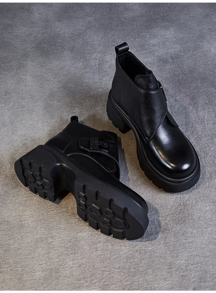 DRKANOL Wide Head Design Women Platform Boots Autumn Winter Warm Thick High Heel Hool And Loop Metal Genuine Leather Ankle Boots