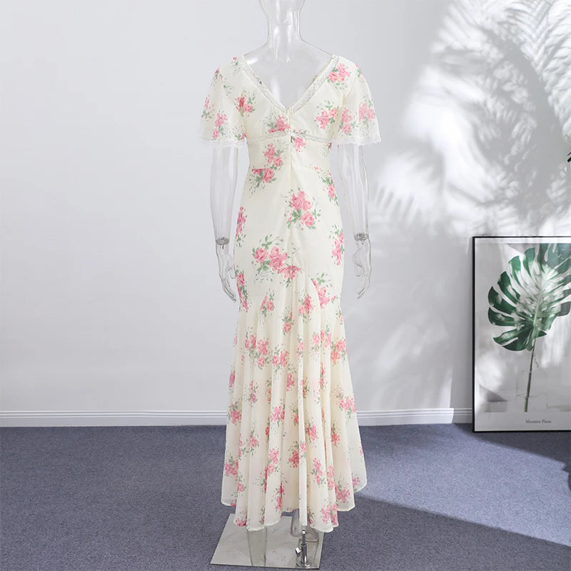 Elegant Sexy Print Fish Dress Women V Neck Short Sleeves High Waist Ruffles Split Vestidos Female 2026 Summer New Chic Dresses