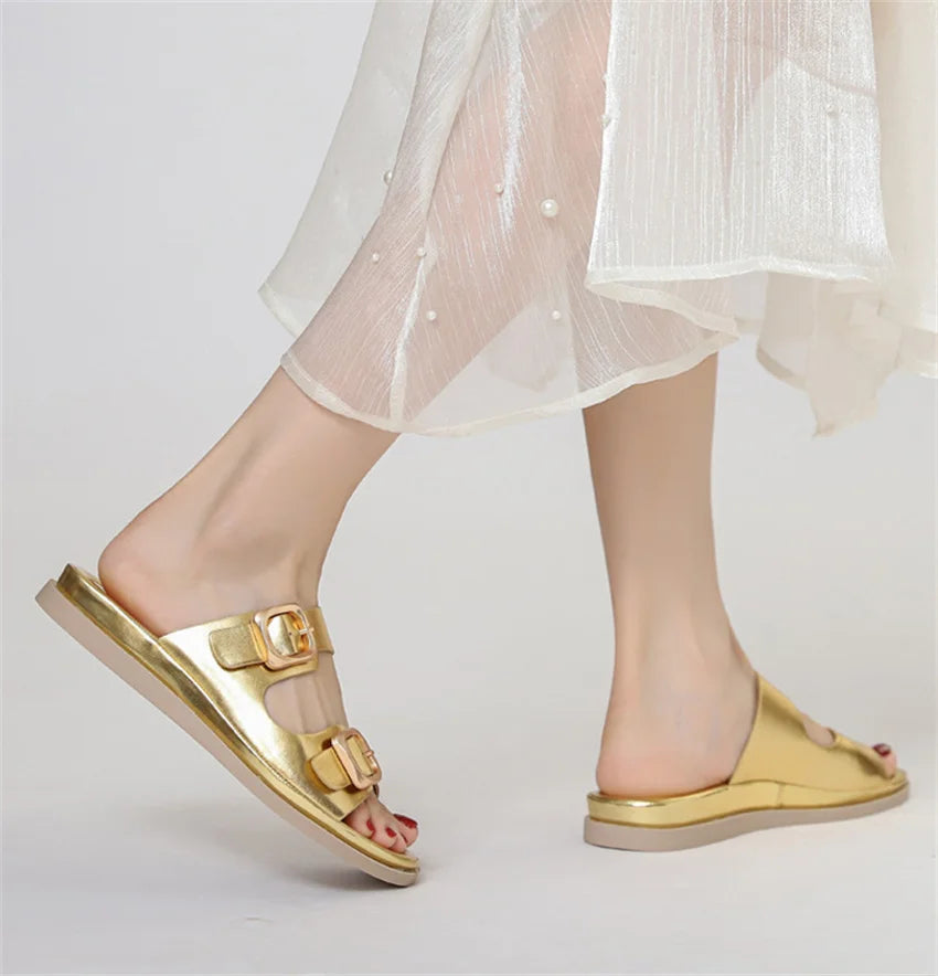 Casual Slippers Women PU Leather Open Toe Double Buckle Flat Summer Outdoors Non-Slip Soft Soles Slip On Beach Footwear Slippers