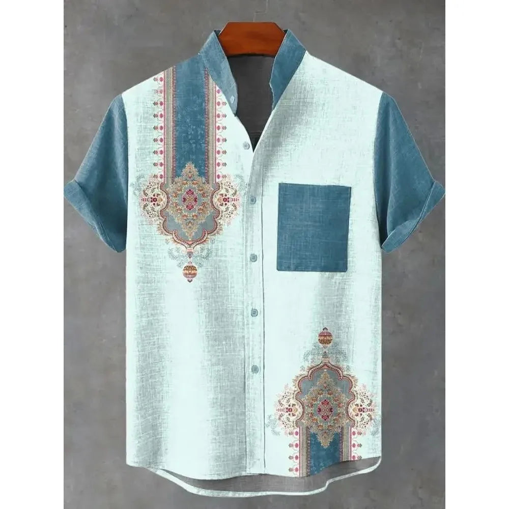 Men's Short Sleeve Printed Shirt Fashion Urban Style Polyester Fabric Loose Fit Casual Wear Turn-down Collar Classic Design