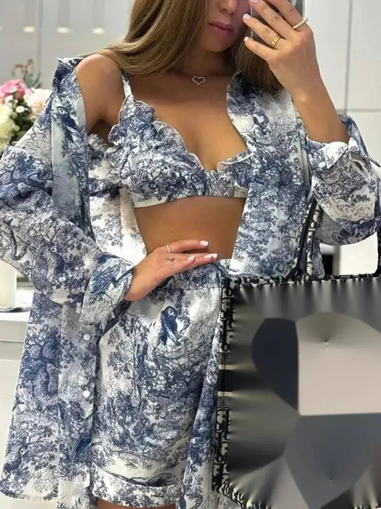 Retro Ink Shirt Three-piece Shorts Suit Women's Summer Casual Long Sleeve Button Print Fashion Shirt With Shorts Suit BX98