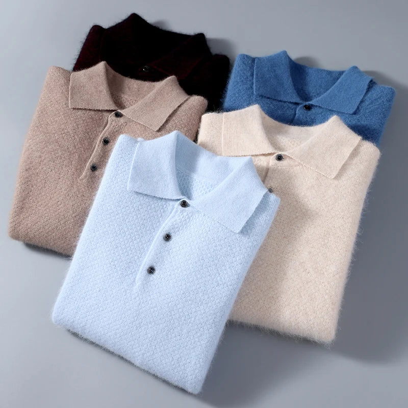 Men 100% Mink Cashmere Polo Sweater Autumn Winter Basic Smart Casual Long Sleeve Pullovers Cashmere Knitwear Soft Comfy Clothing