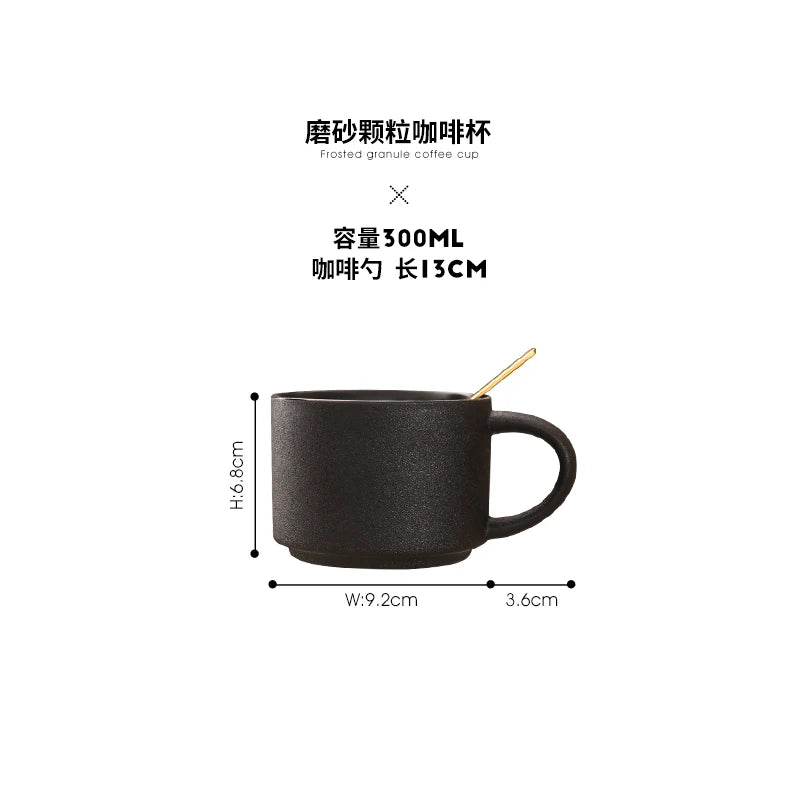 Nordic Black Ceramic Coffee Tea Cup creative coffee shop cups Frosted Porcelain Matte Mug Wood Saucer with Gold Steel Spoon mugs