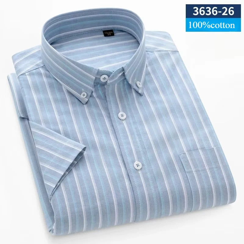 New In Shirt Summer 100%Cotton Short Sleeve Shirts for Men Slim Fit Formal Plain Shirt Designer Plaid Korean Popular Clothes