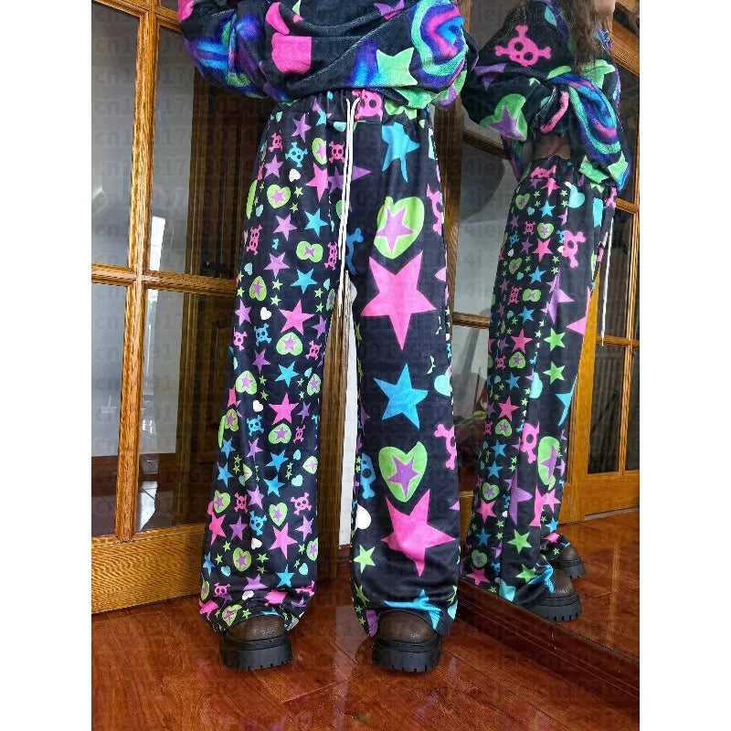 2026 New Black Universe Colorful Star Pants Spring New Cute Kawaii Yami Y2k Harajuku Style Fashionable Special Loose Kid Pants