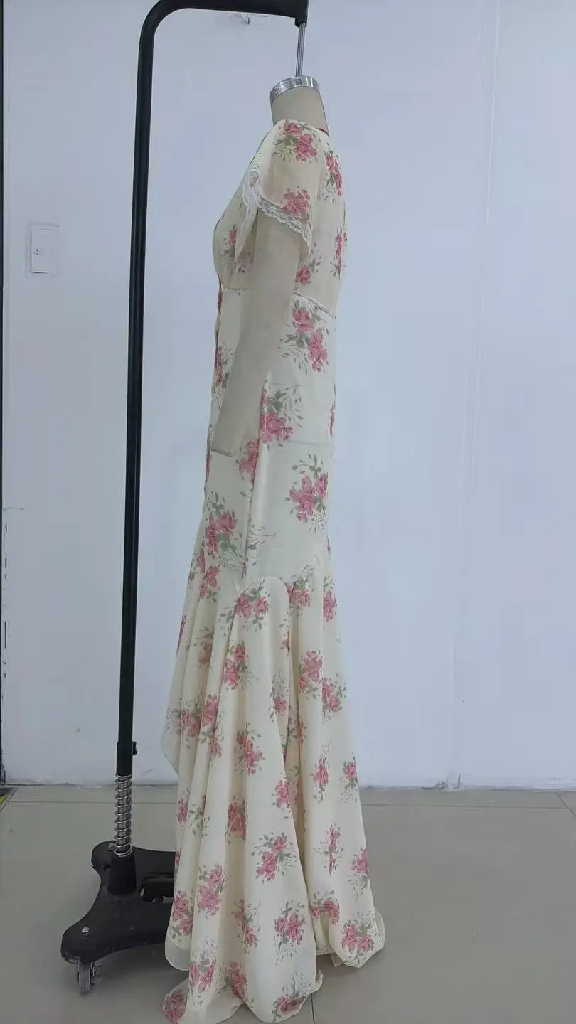 Organza Floral Printed Maxi Dress Women V Neck High Split Puff Sleeve Waist Cinching Ruffle Long Dresses Vacation Summer Outfits