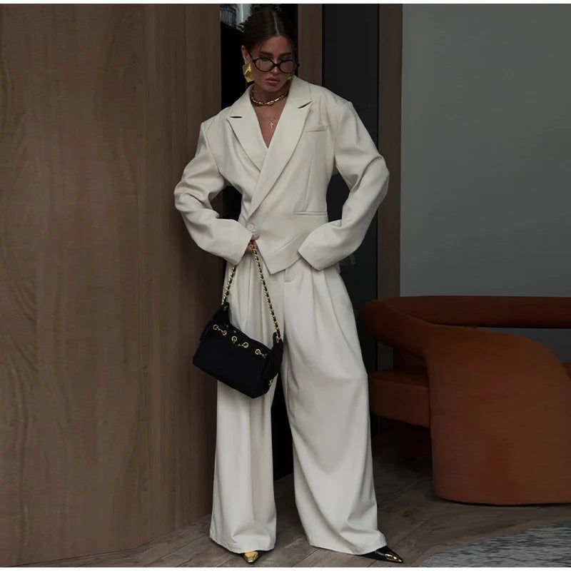 Women Solid Top Pants Set Lapel Neck Single Breasted Oversized Coats Ruff Leg Loose Pants Set Lady Spring Chic Casual Sets Wear