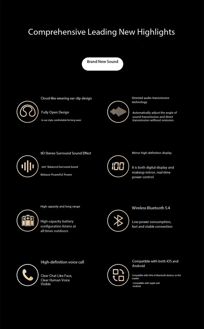 New Mirror-Style Digital Display Soft Silicone Ear Clip Wireless Bluetooth Headphones with Noise Reduction, High-Definition, and Lossless for Sports