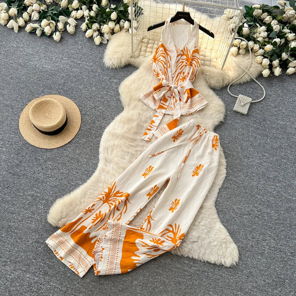 SINGREINY Boho Print Vacation Suits Summer 2026 Sleeveless Lace Up Tank Top+Loose Wide Leg Pant Chic Lazy Casual Women 2pcs Sets
