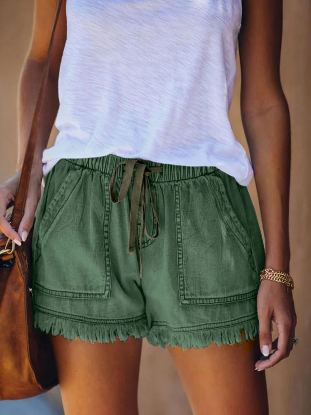 Women’s Denim Shorts Drawstring Elastic Waist Frayed Hem Short Pants Summer Casual Vintage Hottie Girls Loose Jeans with Pockets