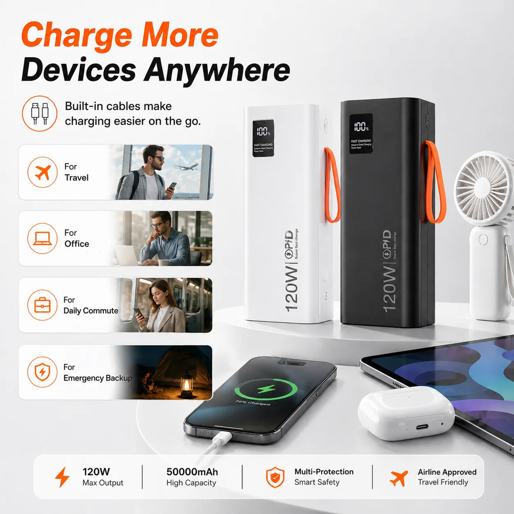 120W PD Power Bank 50000mAh Portable Charger(Built-in Cables), LED Display, Fast Charging Battery for Phone Tablet USB-C Devices