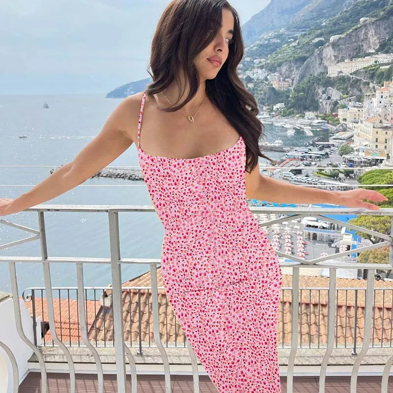 Women's Flower Print Sleeveless Backless Slim Maxi Dress Elegant Streetwear Party Clothing Spring 2025 Concise Sexy Slip Dress