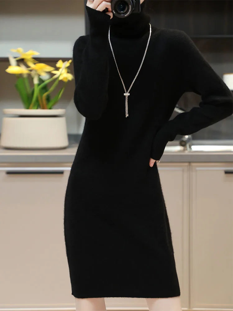 Elegant Cashmere Sweater Womens Dresses 100% Merino Wool Autumn Winter Turtleneck Knitted Dress Female Casual Long-Sleeve Skirts