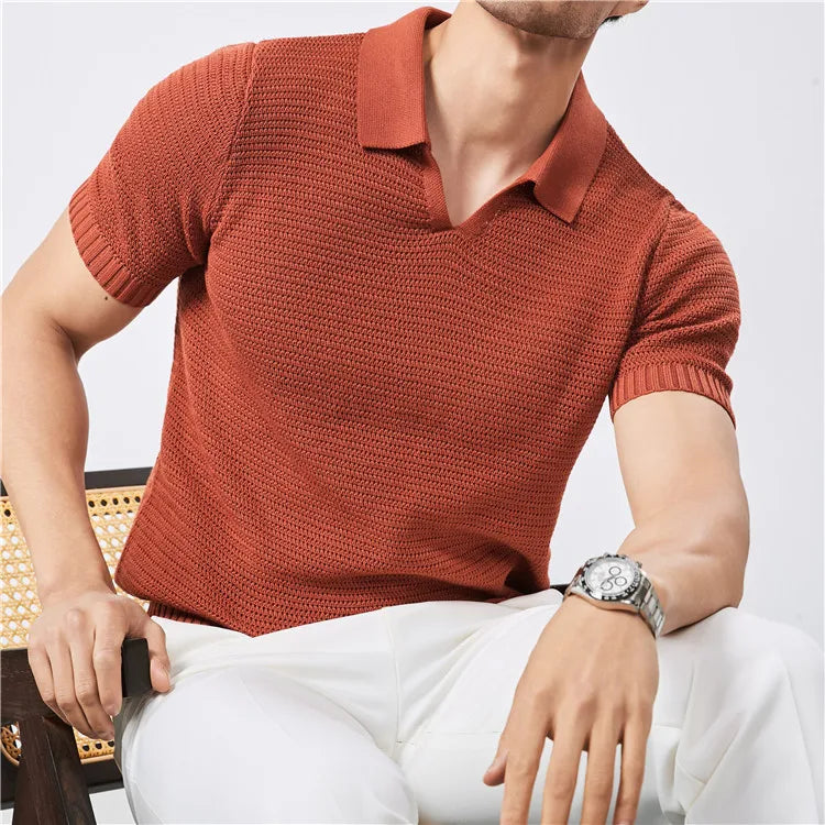 Summer Clothing Men Luxury Knitted Skinny Polo Shirt Men Korean Breathable V Neck Polo Shirts Short Sleeve Knitwear Tops Tees