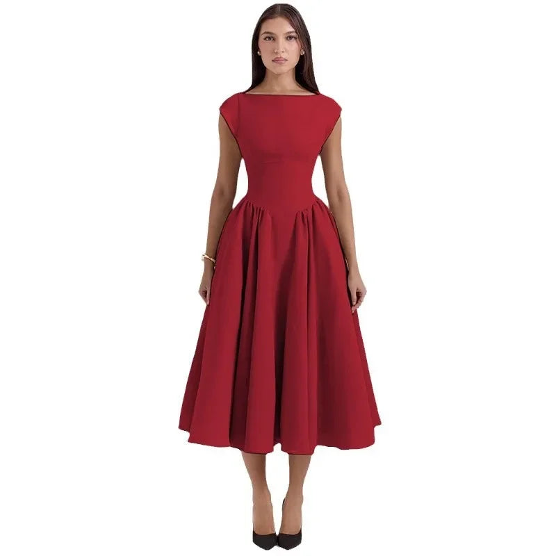 Summer Women Backless A-line Sexy Maxi Dress Gown Solid Hollow Out Sleeveless High Waist Club French Style Pleated Dress