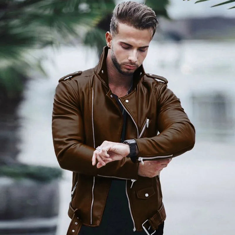 Fashion Leather Jackets Men Casual Slim Fit Turn Down Collar Male Jacket Men PU Leather Coat Men Autumn Winter Motorcycle Jacket