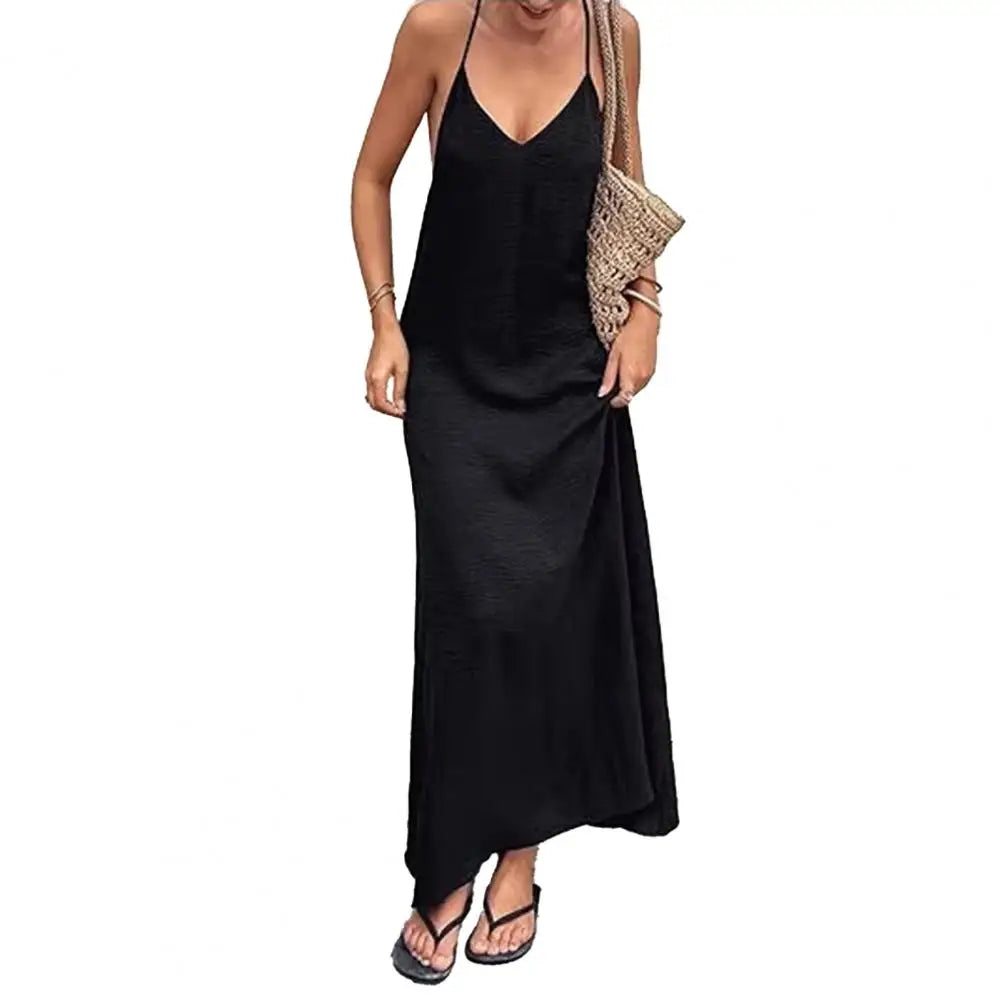Women Summer Sexy Backless Dress Halter V Neck Sleeveless Loose Maxi Sundress Beach Vacation Long Dress