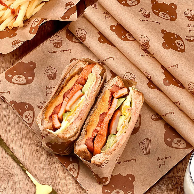 50Pcs Sandwich Packaging Paper Cartoon Coated Wrapping Disposable Household Oil-proof Chicken Roll Breakfast Baking Kitchen Tool