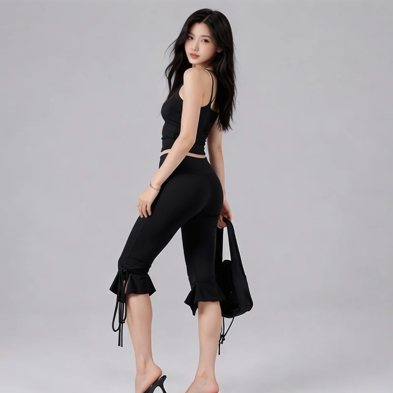 Women Black Slim Mid Waist Capri Pants Drawstring Ruffle Hem Casual Streetwear Summer Lounge Daily Going Out Comfy Wear