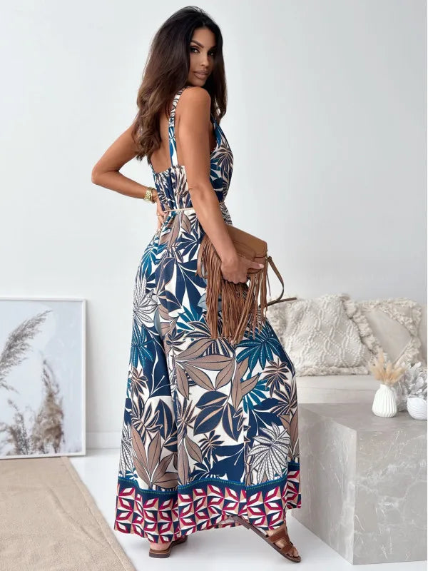 Elegan V-neck High Waist Jumpsuit Women's Fashion Pattern Print Loose Long Romper Causal Sleeveless Wide Leg Playsuit Women