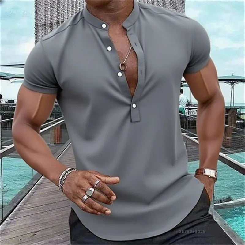 Men's Short-Sleeved Casual Shirt Hawaiian Style Shirt Solid Black Shirt Stand Collar Design Suitable for Beach Vacation XS-5XL