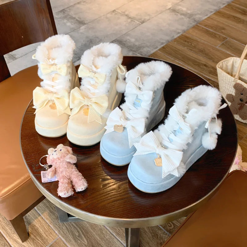 Sweet Girls Lolita Winter Snow Boots,Students Cute Plush Warm Bowknots PU Leather Lace Up Heightening Platform Shoes