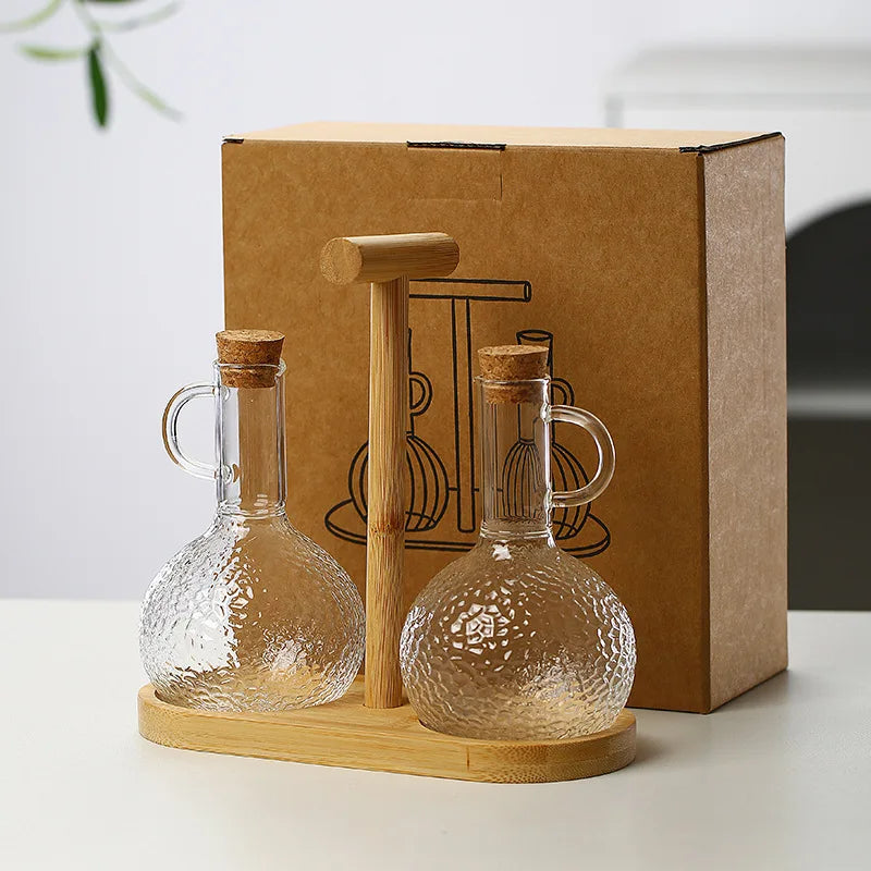 Household 300-350ml Heat-resistant Glass Oil Pot with Wooden Stand, Liquid Seasoning Bottle, Striped Sauce and Vinegar Oil Pot