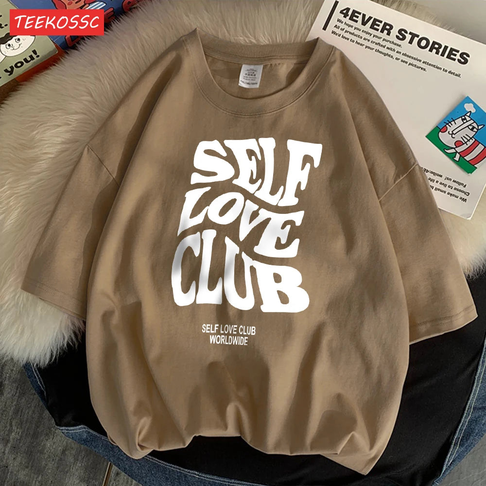 Self Love Club Worldwide Printed Tee Clothing Boy Versatile Funny Tees Aesthetic Pattern T-Shirt Oversized Design Clothing