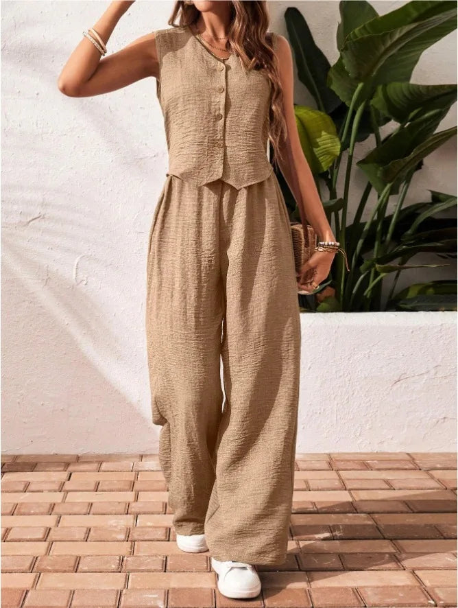 Two-piece Ladies Set 2026 Summer New Versatile Sleeveless V Neck Vest Tops Suits Fashion Casual Loose Tops Wide Leg Pants Sets