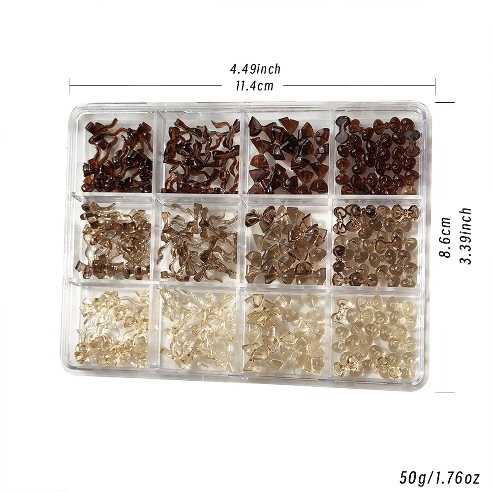 12Grids 3D Mini Maillard Brown Bowknot Kawaii Ribbon Bow New Year Nail Art Decorations Autumn Winter Y2K Bowtie Nail Rhinestones