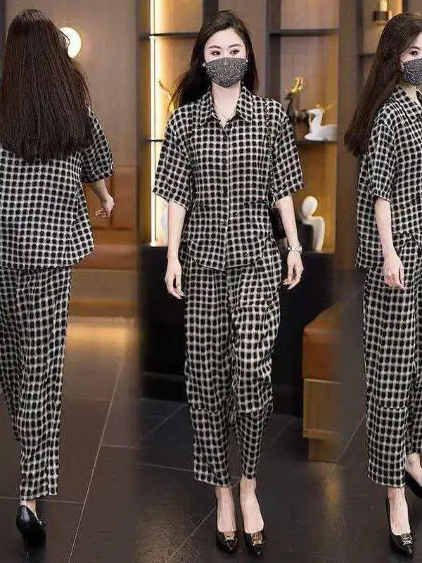plus Size Casual Plaid Short Sleeve Women's Set Summer New Fashion Loose Shirt Two Piece Set High Waist Long Pants