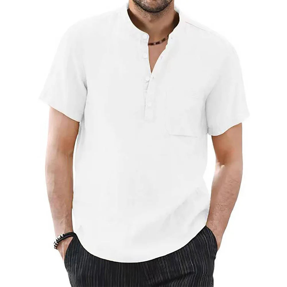 Men's Short Sleeve T-shirt Cotton and Linen Casual Men T-shirts Solid Color Summer Shirt Male Cozy Breathable