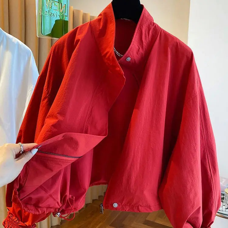 2025 New Red Stand Up Collar Casual Jacket For Women In Spring And Autumn Coat Loose Casual Short And Thin Jacket Top Female