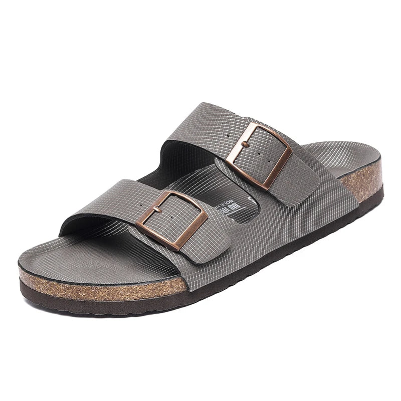 Summer Men Women Cork Slippers Clogs Microfiber Leather Slides Casual Slip On Sandal Double Buckle