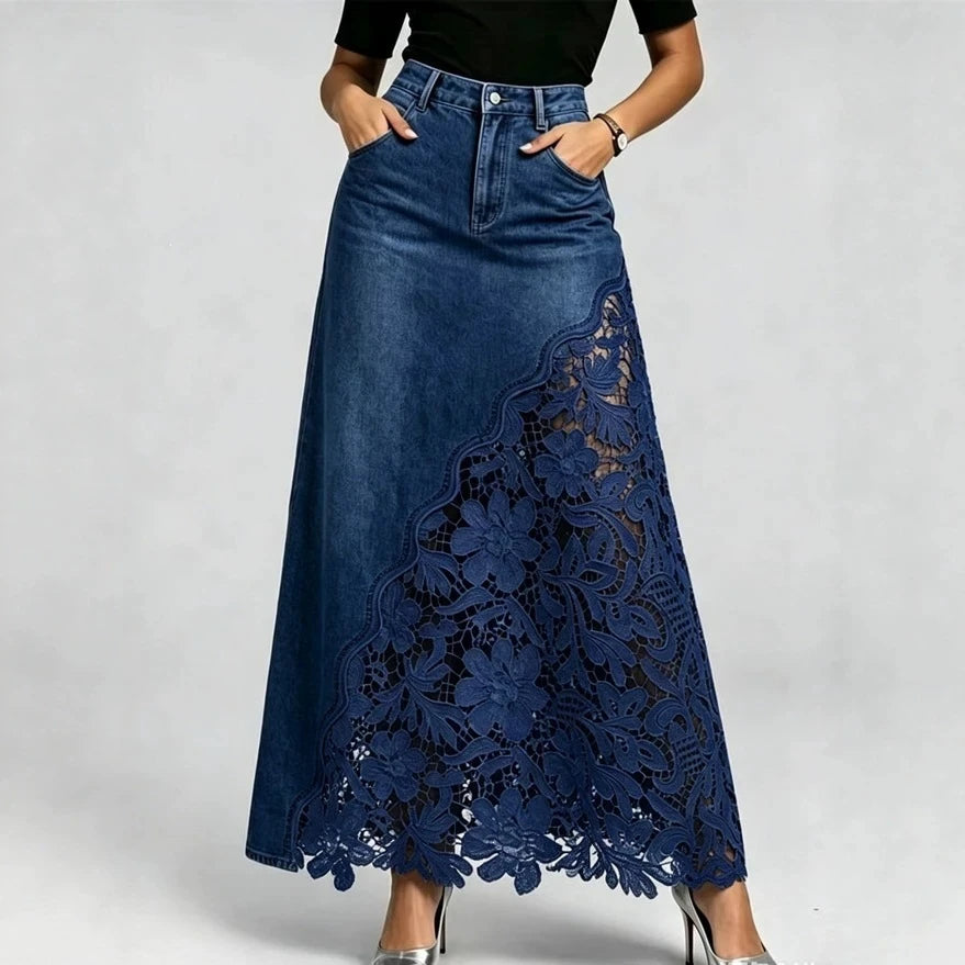 Women Elegant Lace Spliced Denim Skirt High Waist Slim A-line Skirt Washed Denim Wrap Hip Long Skirt All Match Fashion Bottoms