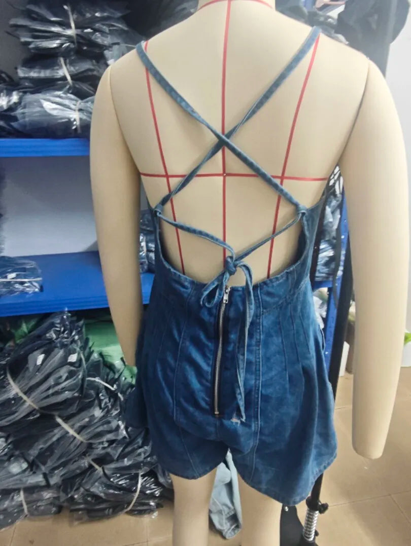 Summer Multi Colors Denim Playsuit Women Camisole Backless Lace-Up Loose Wide Legs Shorts Rompers Jumpsuit Jeans Sleeveless 6502