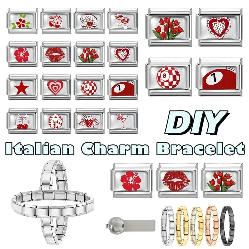 Fashion Red Series Heart Flower Bowknot Cherry Women Men Charm Link fit 9mm Stainless Steel Italian Bracelet Making DIY Jewelry