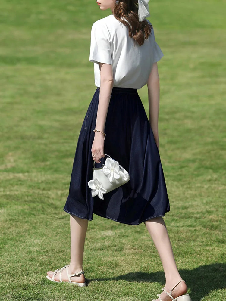 I BELIEVE YOU Dark Blue Denim Midi Skirt for Women 2026 Spring Elastic Waist Skirts Casual A-Line Skirt with Pockets 2261026207