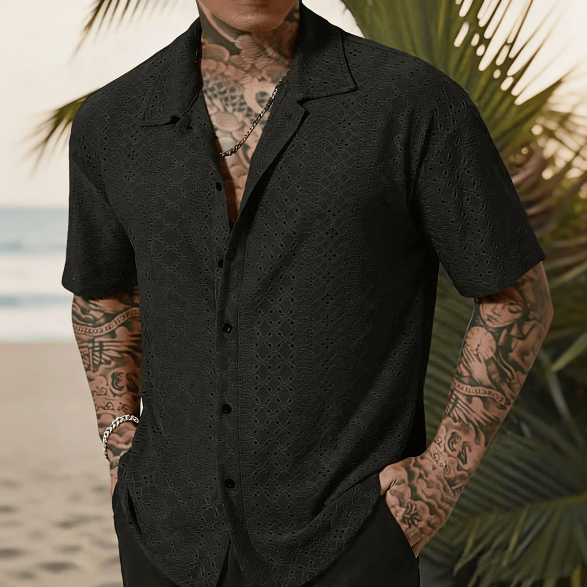 Men's Vacation Casual Style Knitted Geometric Striped Crochet Textured Jacquard Loose Short-Sleeve Shirt Hawaiian Beach Shirts