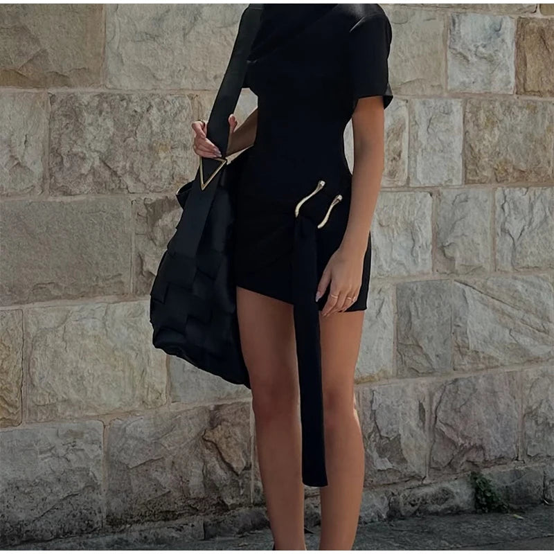 Elegant Mini Dress Woman Ribbons Slim O-neck Short Sleeve Above Knee Dresses Female Spring Summer Party Robe Lady High Street
