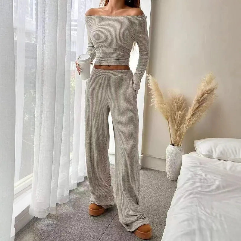 Off Shoulder Ribbed Two Piece Outfit Women Long Sleeve Crop Top Wide Leg Pants Set