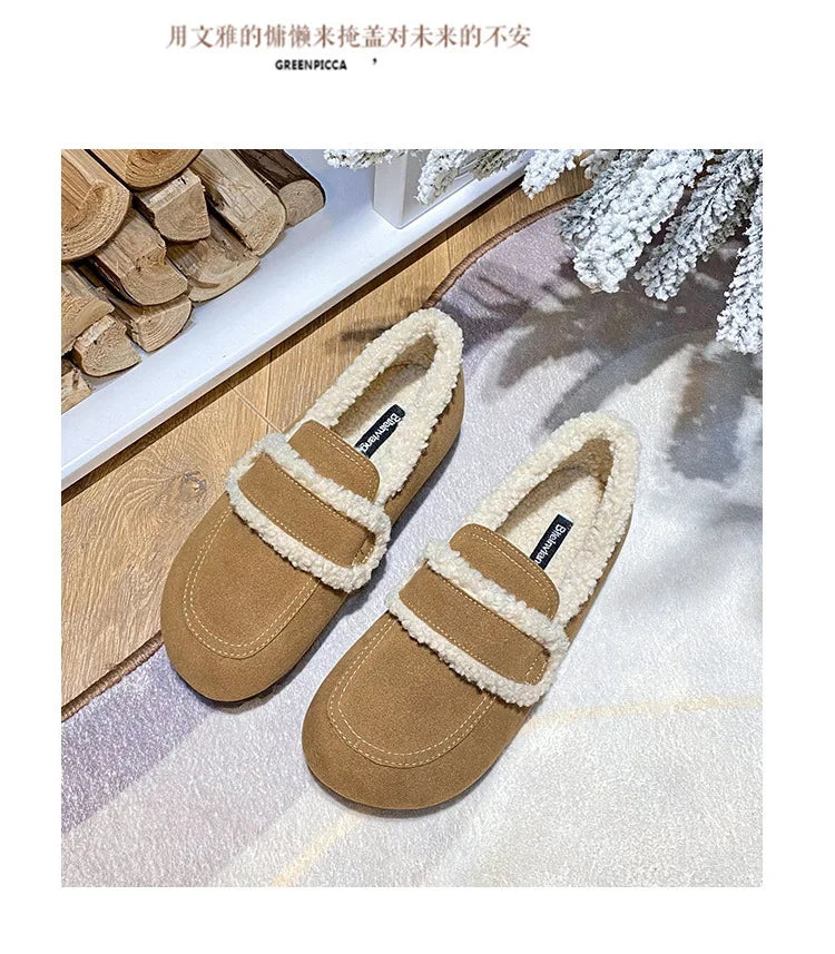 2026 Faux Suede Flats Women Lambswool Loafers Winter Warm Cotton Shoes Ladies Platform Fleeces Mocasines Female Sheep Fur Boots