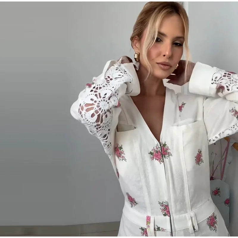 Elegant Print Women's Jumpsuits Fashion Long Sleeve V-neck Zippers Female Overalls 2026 Summer Autumn All-match Lady Outfit