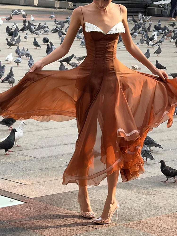 Elegant Pleated Women's Dress Sleeveless Backless Patchwork Waist-Closed Ruffle Hem Sling Maxi Dresses 2026 Summer Female Robe