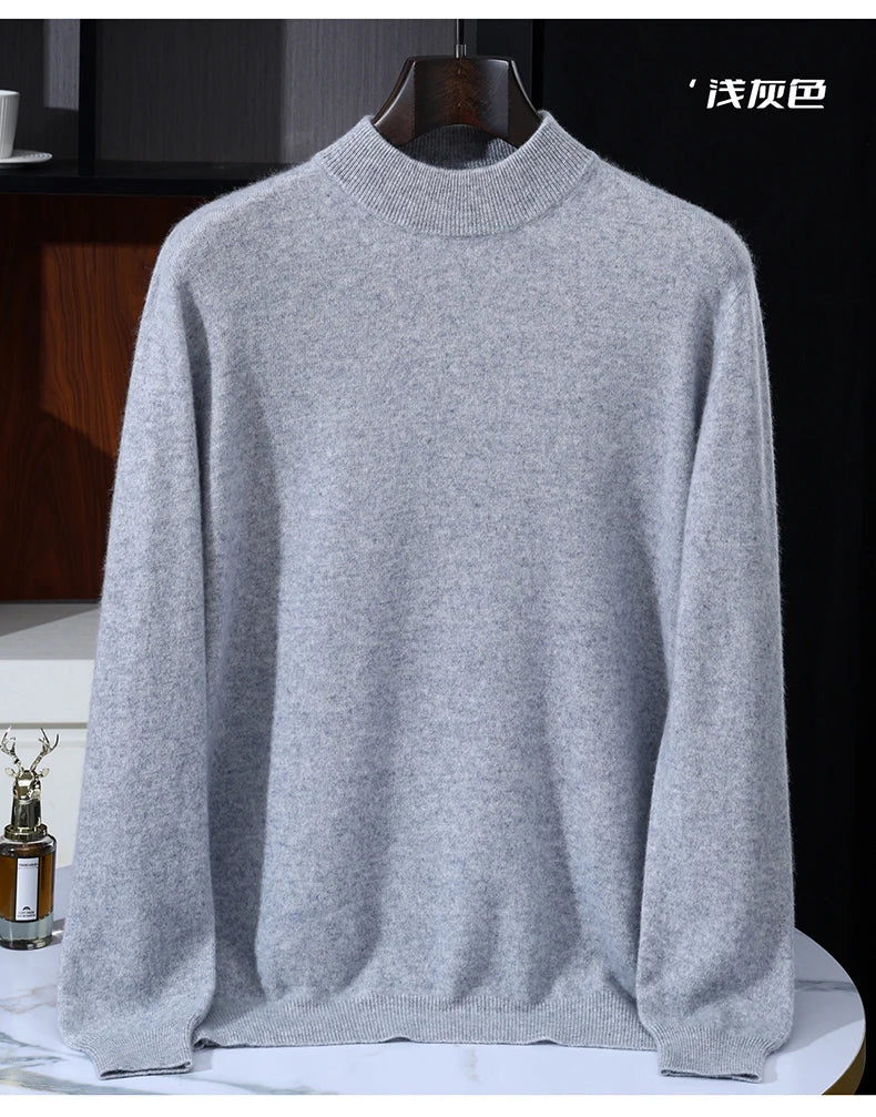 Autumn/Winter Men's 100% Pure Cashmere Pullover Business Casual Solid Knitted Sweater Loose Half High Neck Tops Thick Jumper