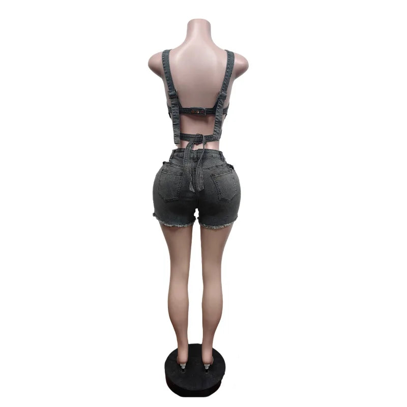 2 Piece Sets Women Denim Shorts Suit Sexy Vest Top Strap Backless Jeans Short Pants Pockets Outfits 2025 Streetwear Ensemble