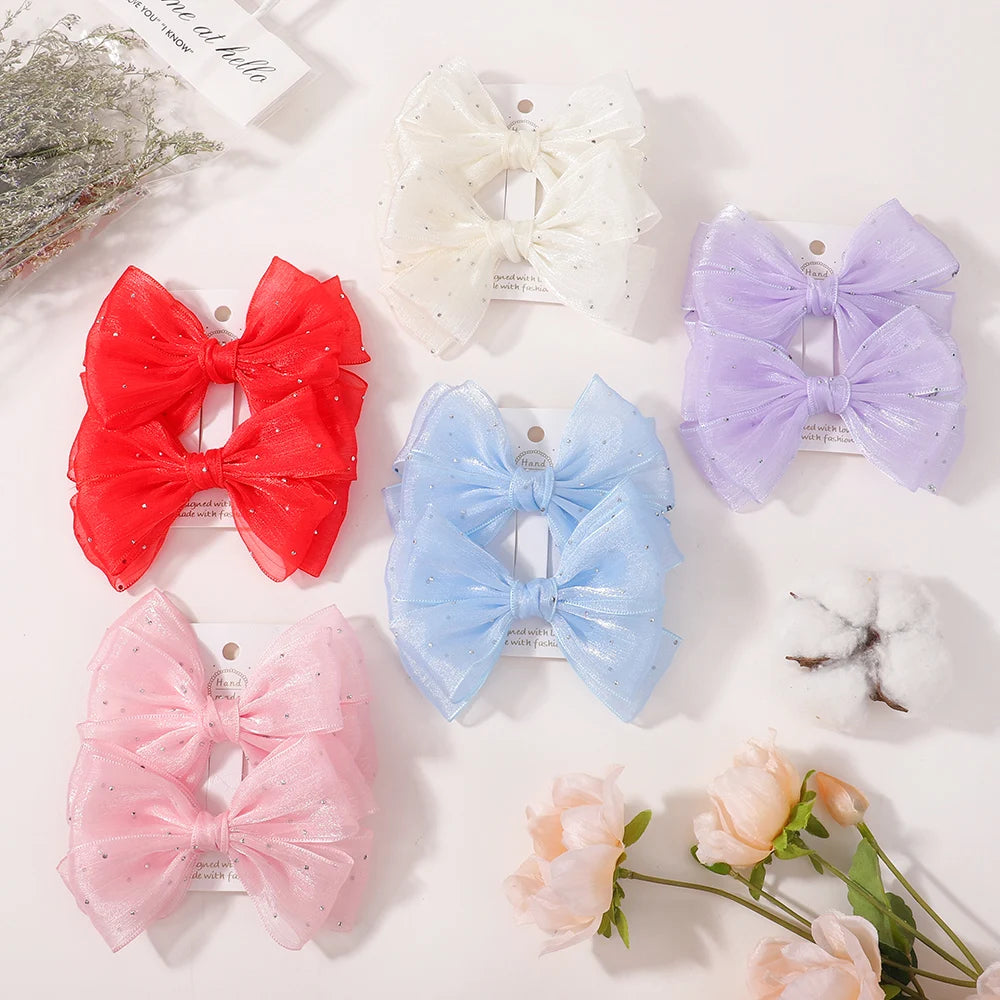 2Pcs Exquisite Princess Bow Hair Clip Set 4.72 Inches Diamond Sets Bow Children's Hairgripes Ladies' Sweet Ponytail Hair Clip