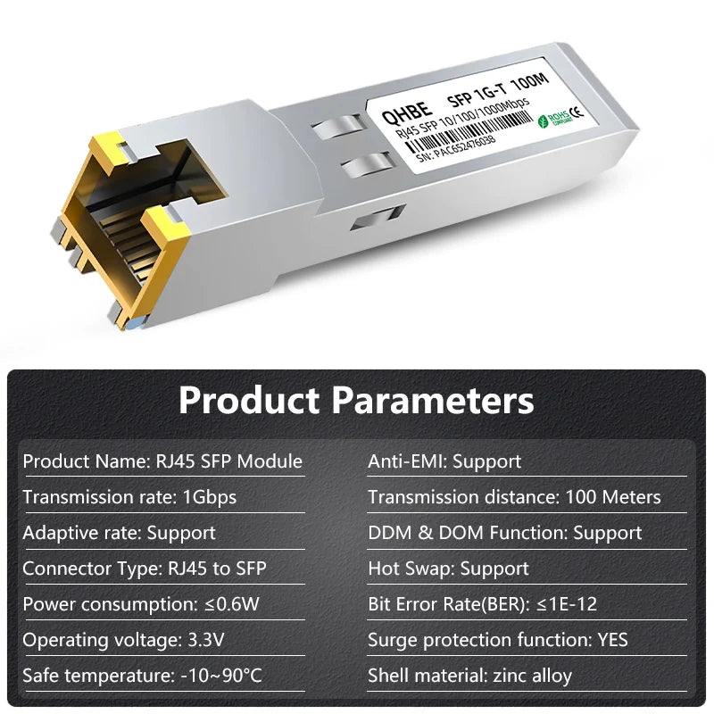 Copper RJ45 SFP Module 1G Adaptive transmission rate For Mikrotik/Cisco Switch/Router/Server, 1000BASE-T SFP To RJ45 Transceiver