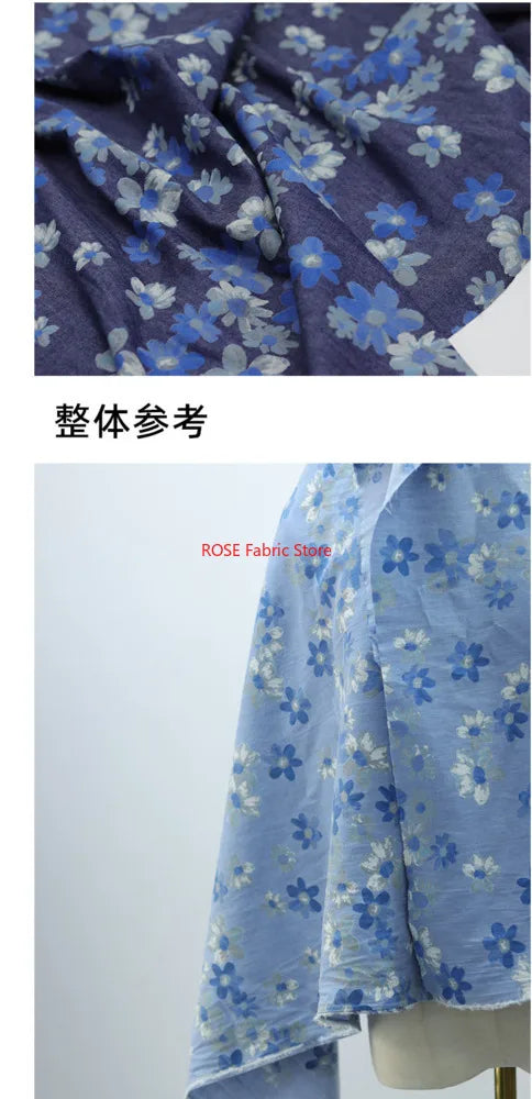 High-quality Delicate floral print denim For coats, shirts, pants, bags, DIY hand sewing, designer fabrics